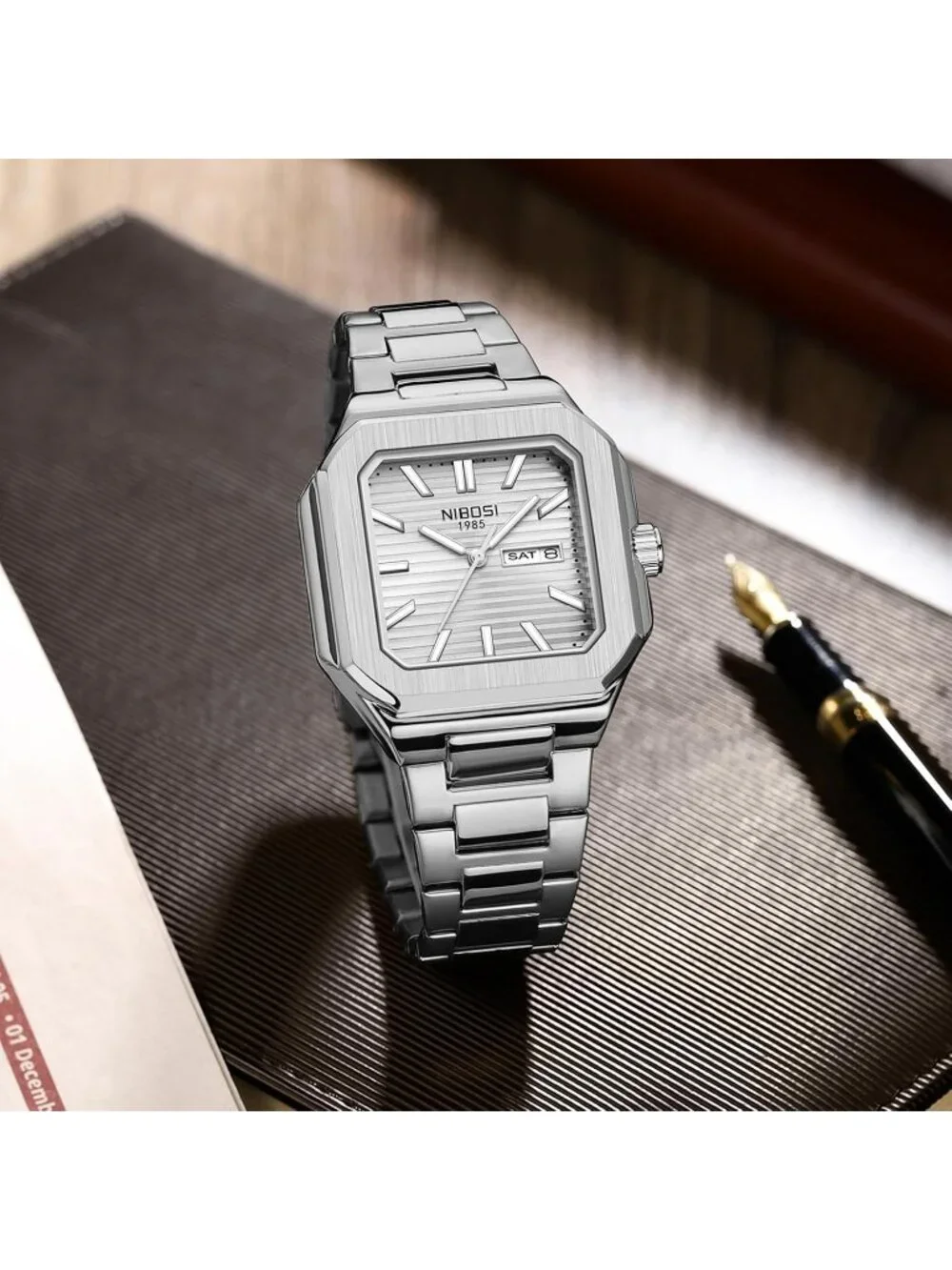 Men's Silver Square Analog Quartz Stainless Steel Waterproof Dress Wrist Watch
